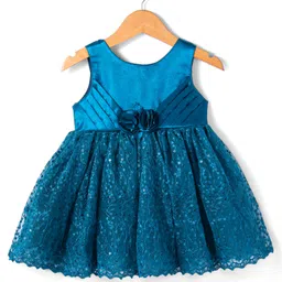Babyhug Woven SleevelessSequined Embroidered Party Frock with Pleats & Floral Detailing - Teal Blue-picture-28