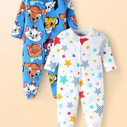 Babyhug Disney Interlock Knit Full Sleeves Footed Sleep Suits with Star & Disney Character Graphics Pack of 2 - White & Blue-picture-17