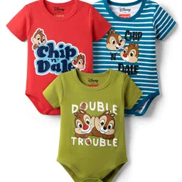 Babyhug Disney Interlock Knit Half Sleeves Striped Onesies with Chip n Dale Graphics Pack of 3 - Red Olive Green & Blue-image-99