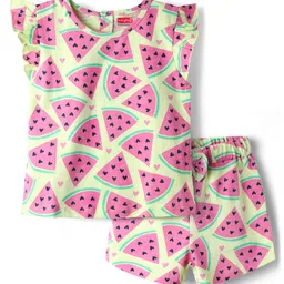 Babyhug Cotton Knit Frill Sleeves Co-ords Shorts Night Wear - Light Green-image-95