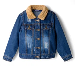Pine Kids Cotton Woven Full Sleeves Solid Denim Jacket With Fur Detailing - Blue-picture-10