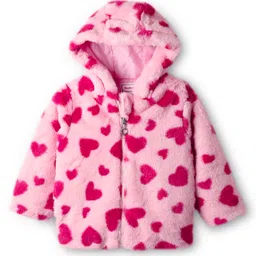 Babyhug Woven Full Sleeves Hooded Winter Fur Jacket with Heart Print - Pink-picture-12