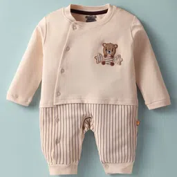 Mini Taurus Interlock Knit Full Sleeves Front Open Romper with Stripes & Bear Patch - Cream-picture-27