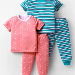 Kidi Wav Pack Of 2 Half Sleeves Striped & Polka Dots Printed Tees & Coordinating Joggers Set - Multi Colour-picture-15