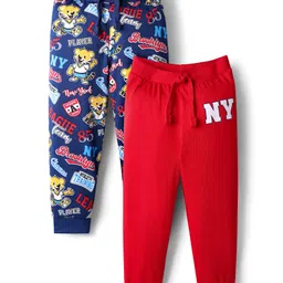 Babyhug Cotton Knit Full Length Lounge Pants with Bear Print Pack of 2 - Blue & Red-picture-15