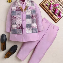 Ahhaaaa Viscose Woven Full Sleeves Solid Kurta Pant With Ethnic Printed Nehru Jacket & Mala Set - Lavender-picture-12
