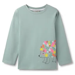 Tales & Stories Cotton Knit Full Sleeves Floral Embroidered Animal Printed Tee - Green-picture-24