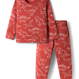 Babyhug Cotton Knit Full Sleeves Co-ords Night Suit With Dino Print - Brown-picture-25