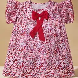 PURPLE UNITED KIDS Cotton Blend Woven Half Sleeves Abstract Printed Bow Applique Detailed Top - Red White & Multi Colour-image-50