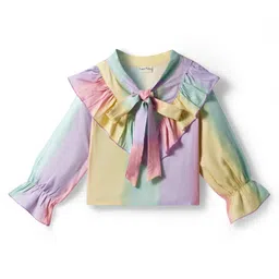 CrayonFlakes Rayon Woven Full Peasant Sleeves Ombre Frill Detailed Top - Pink-image-42