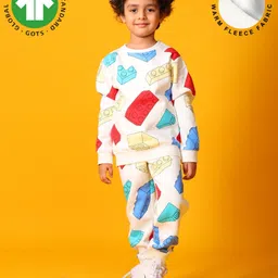 Anthrilo Fleece Knit Full Sleeves Brick Block Printed Light Winter Sweatshirt & Coordinating Joggers Set - Off White-picture-37