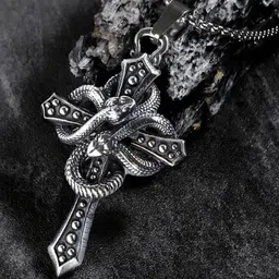 The Roadster Lifestyle Co Men Stainless Steel Silver-Plated Snake Cross Pendant With Chain-picture-35