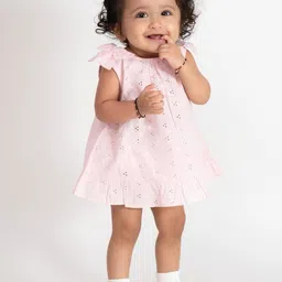 haus & kinder Girls Pink Cotton Chifly Frock with Blommer image 1