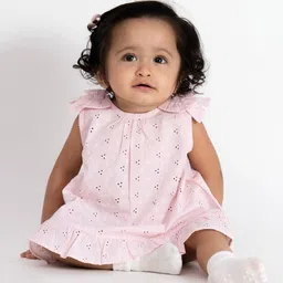 haus & kinder Girls Pink Cotton Chifly Frock with Blommer image 2
