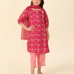 Fabindia Kids Pink Printed Kurta, Salwar with Dupatta image 1