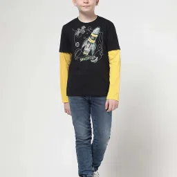 Jack & Jones Junior Boys Jet Black & Yellow Cotton Printed Full Sleeves T-Shirt image 5