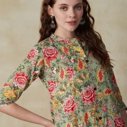 Fashor Green Cotton Floral Print A Line Kurta image 5