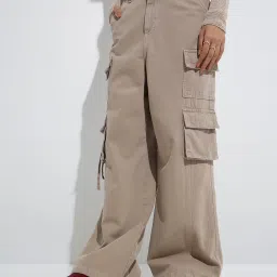 nuon women Nuon by Westside Beige Cargo-Style Relaxed-Fit High-Rise Jeans image 1