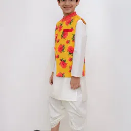 Lil Drama Kids Yellow Floral Kurta With Dhoti And Jacket Set image 3