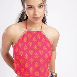fusion by glitchez Indie Floral Printed Halter Neck Crop Top-image-46