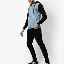 Campus Sutra Blue & Black Cotton Regular Fit Colour Block Hooded Jacket image 5