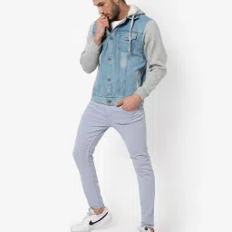 Campus Sutra Denim & Grey Cotton Regular Fit Colour Block Hooded Jacket image 5
