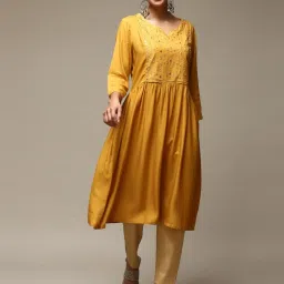 Biba Yellow Flared Fit Embroidered Kurta image 1