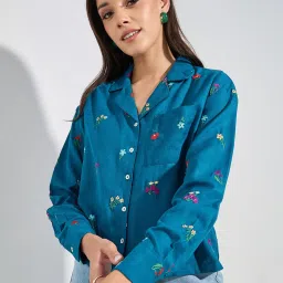 Styli Teal Floral Print Shirt image 1