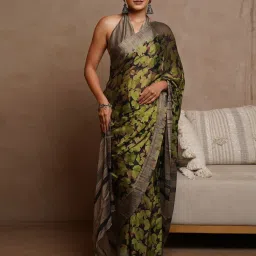 MIRCHI FASHION Black Floral Saree with Blouse Piece image 1