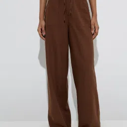 LOV by Westside Brown Solid Mid-Rise Linen Pants image 1