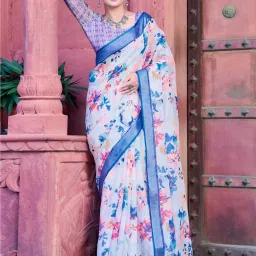 Saree Mall White Cotton Self Saree with Blouse Piece image 1