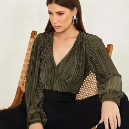 Styli Metallic Pleated Wrap Front Top with Fitted Waistband image 5