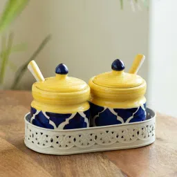 ExclusiveLane Blue & Yellow Ceramic Moroccan Pickle Jar Set with Iron Tray & Spoon image 1