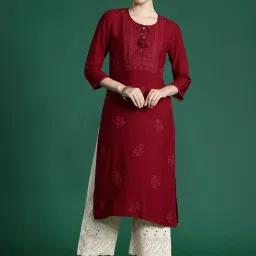Indo Era Maroon Embroidered Straight Kurta image 1