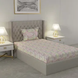 Raymond Home Delight Pink & Green 104 TC Cotton Single Bedsheet with 1 Pillow Cover image 1