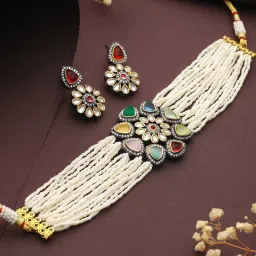 Saraf RS Jewellery Gold-Plated & Multi Stone Pearl Beaded Choker Jewellery Set image 1