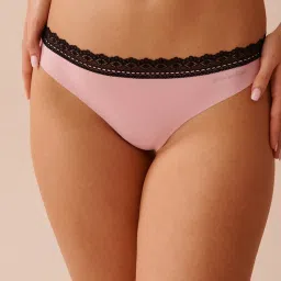 La Vie En Rose Pink Microfiber and Lace Trim Thong Panty image 1