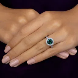 ornate jewels 925 Silver 1.5 Ct Green Emerald and American Diamond Solitaire Halo Ring for Women & Girls image 1
