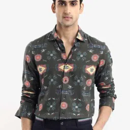 Rare Rabbit Olive Regular Fit Printed Shirt-image-0