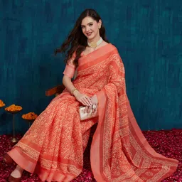 KAVINDI Batik Printed Linen Saree With Unstitched Blouse Piece-image-8