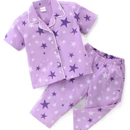 Babyhug Cotton Poplin Woven Half Sleeves Night Suit Star Print - Lavender-image-8