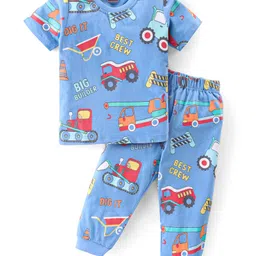 Babyhug Cotton Knit Half Sleeves Night Suit with Construction Vehicles Print - Blue-image-79