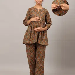 Ikk Kudi by Seerat Cotton Woven Three Fourth Sleeves Motif Printed Peplum Top With Zipper Nursing Access & Pant Set - Mustard-picture-38