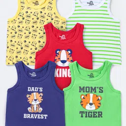 Doodle Poodle 100% Cotton Knit Sleeveless Striped & Tiger Printed Set Of Vests Pack Of 5 - Limegreen Red & Navy-image-15