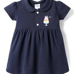 Simply Interlock Knit Peter Pan Collar Half Sleeves Frock With Bunny Print - Navy Blue-picture-5