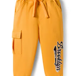 Babyhug French Terry Knit Full Length Lounge Pant With Text Print - Yellow image 1