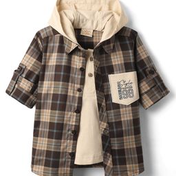 Rikidoos Full Sleeves Checked Shirt With Attached Solid Hooded Tee - Coffee & Cream-picture-12