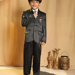 P-MARK Cotton Knit Full Sleeves Rhinestones Embellished 4 Piece Party Suit With Tie Set - Black-picture-17