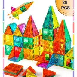 BitFeex Shaped Magnetic Tiles Blocks, Magic Magnetic Building Blocks for Kids, Preschool Learning Sensory Montessori Travel Toys Christmas Toy Gift (28 Pcs Tiles)-picture-10