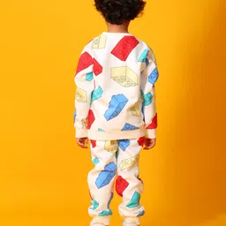 Anthrilo Fleece Knit Full Sleeves Brick Block Printed Light Winter Sweatshirt & Coordinating Joggers Set - Off White image 3